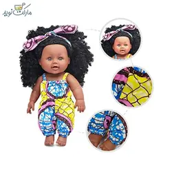 عروسک دختر مو فرفری سیاهپوست با لباس آبی‌زرد