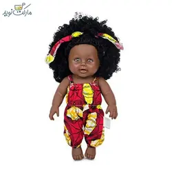 عروسک دختر مو فرفری سیاهپوست با لباس قرمز زرد