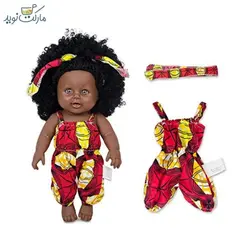 عروسک دختر مو فرفری سیاهپوست با لباس قرمز زرد