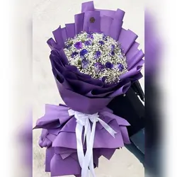 دسته گل رز هلندی بنفش و ژیپسوفیلا(گل عروس)