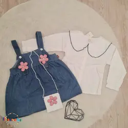 لباس کودک ست سه تکه درجه یک وارداتی کیفیت اورجینال شامل سارافون لی و شومیز سفید و کیف مناسب دو تا شش سال