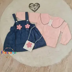 لباس کودک ست سه تکه درجه یک وارداتی کیفیت اورجینال شامل سارافون لی و شومیز صورتی و کیف مناسب دو تا شش سال