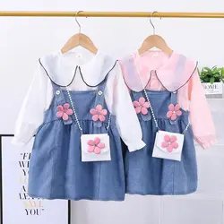 لباس کودک ست سه تکه درجه یک وارداتی کیفیت اورجینال شامل سارافون لی و شومیز صورتی و کیف مناسب دو تا شش سال