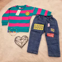 لباس بچگانه کودک ست  دو تکه درجه یک وارداتی کیفیت اورجینال تیشرت آستین بلند و شلوار جین طرح اموجی رنگ سبز و سرخابی مناسب یک تا پنج سال
