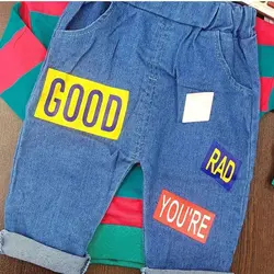 لباس بچگانه کودک ست  دو تکه درجه یک وارداتی کیفیت اورجینال تیشرت آستین بلند و شلوار جین طرح اموجی رنگ سبز و سرخابی مناسب یک تا پنج سال