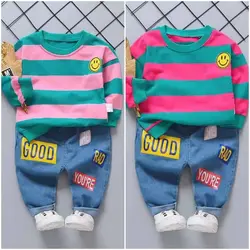 لباس بچگانه کودک ست  دو تکه درجه یک وارداتی کیفیت اورجینال تیشرت آستین بلند و شلوار جین طرح اموجی رنگ سبز و سرخابی مناسب یک تا پنج سال