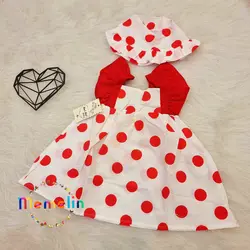 لباس کودک ست دو تکه کلاه و پیراهن توپ توپی قرمز جنس تترون وارداتی کیفیت اورجینال مناسب یک تا چهار سال