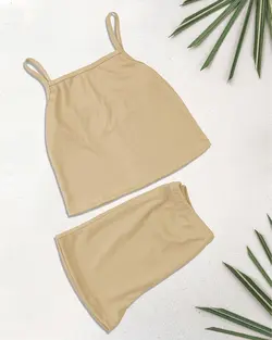 ست تاپ شلوارک کراپ کبریتی بندی  کرم مدل 1403