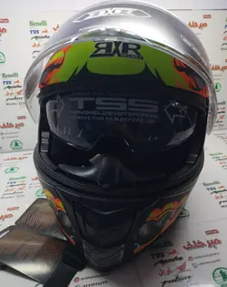 کلاه کاسکت ایمنی موتور سیکلت فک متحرک عینک دار خارجی مشکی نارنجی فسفری برند xr