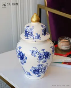 جینجر جار قلم آبی سرامیک مدل تیوال سفید