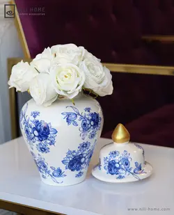 جینجر جار قلم آبی سرامیک مدل تیوال سفید