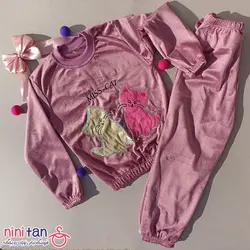 بلوز شلوار دخترانه مخمل پولک دوزی طرح گربه