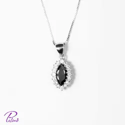 پلاک نقره اشک مشکی کد P2083 با روکش طلا سفید