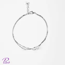دستبند نقره دو مروارید کد B2096 با روکش طلا سفید