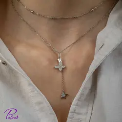 گردنبند نقره پروانه دوبل کد N2091 با روکش طلا سفید