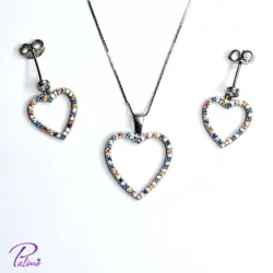 نیم ست نقره قلب رنگی کد H2114 با روکش طلای سفید با زنجیر