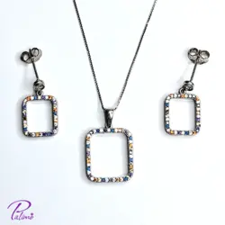 نیم ست نقره مستطیل رنگی کد H2115 با روکش طلای سفید با زنجیر