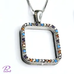 نیم ست نقره مستطیل رنگی کد H2115 با روکش طلای سفید با زنجیر