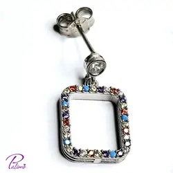 نیم ست نقره مستطیل رنگی کد H2115 با روکش طلای سفید با زنجیر