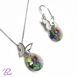 نیم ست نقره سواروسکی پروانه کد H2127 با روکش طلای سفید با زنجیر