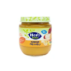 پوره مخلوط میوه سیب و موز و پرتقال و زردآلو هیرو بیبی (herobaby) 125 گرمی