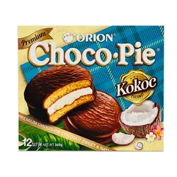 کیک روکش شکلاتی با مغز مارشمالو و نارگیل چوکو پای 12 عددی (choco pie) 360 گرم
