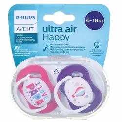 پستانک الترا ایر اونت دو عددی 6 تا 18 طرح بالن و پاپا صورتی Philips Avent