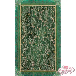 فرش ابریشم طرح دستبافت باغ پرندگان سبز کرم کد ۵۰۸۹parnacarpet