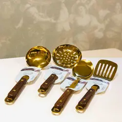 AMIN امین  کفگیر ملاقه استیل طلایی دسته چوبی 4تایی بزرگ  21029