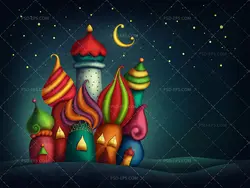 دانلود عکس و تصویر با کیفیت بالا و زیبای خانه های رنگارنگ با نمای زیبا در کنار یکدیگر و آسمان پر ستاره و ماه در آسمان