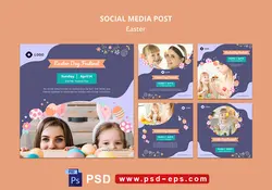 دانلود طرح آماده لایه باز بنر پست اینستاگرام در 5 طرح مختلف با تصاویر با کیفیت با تم رنگی بنفش و موضوع عید پاک