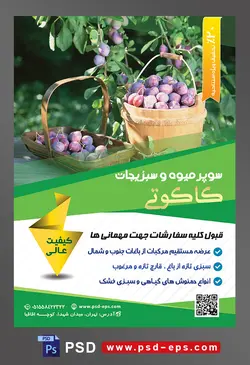 طرح آماده لایه باز پوستر یا تراکت سوپر میوه و سبزیجات و میوه فروشی با موضوع تصویر آلو های سیاه در سبد حصیری در باغ