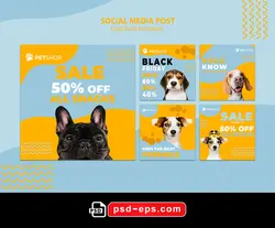 لایه باز بنر پست اینستاگرام در 5 طرح مختلف با تصاویر با کیفیت با موضوع غذای سگ و حیوانات خانگی