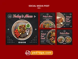 لایه باز بنر پست اینستاگرام در 9 طرح مختلف با تصاویر با کیفیت با موضوع گوشت و سبزیجات بر روی باربیکیو