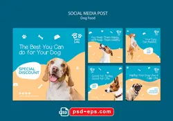 لایه باز بنر پست اینستاگرام در 5 طرح مختلف با تصاویر با کیفیت با موضوع غذای سگ و حیوانات خانگی