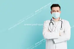 عکس با کیفیت تبلیغاتی دکتر با روپوش سفید و دست به سینه ایستاده و ماسک بر صورت با بک گراند آبی