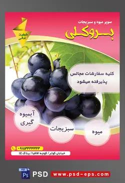 طرح آماده لایه باز پوستر یا تراکت میوه فروشی و سوپر میوه و سبزیجات با محتوای تصویر انگور سیاه دونه درشت با برگ های پهن در زمینه ی سفید