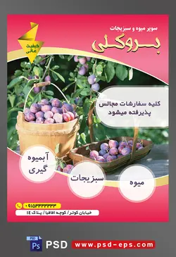 طرح آماده لایه باز پوستر یا تراکت سوپر میوه و سبزیجات با محوریت تصویر آلو سیاه در دو سبد در کنار درخت آلو سیاه