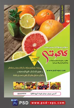 طرح آماده لایه باز پوستر یا تراکت سوپر میوه و سبزیجات با محوریت تصویر پرتقال خونی در کنار لیمو های سبز