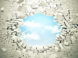 عکس با کیفیت تبلیغاتی دیوار آجری شکسته که از پشت آن آسمان و ابرها پیداست