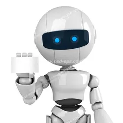 عکس با کیفیت تبلیغاتی ربات با یک کارت سفید رنگ در دست