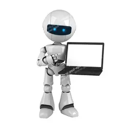 عکس با کیفیت تبلیغاتی ربات لپ تاپ به دست با پس زمینه سفید