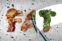 عکس با کیفیت تبلیغاتی شیشه پاک کن در حال پاک کردن شیشه آلوده و پیدا شدن سبزیجات از پشت فست فود
