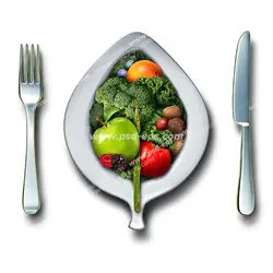 عکس با کیفیت تبلیغاتی بشقاب به شکل برگ که داخل آن میوه و سبزیجات است و چاقو و چنگال