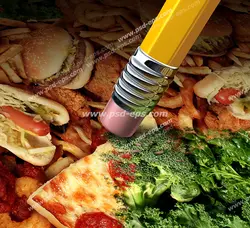 عکس با کیفیت تبلیغاتی مداد پاکن در حال پاک کردن فست فود و نمایان شدن سبزیجات