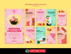 طرح آماده لایه باز بنر استوری اینستاگرام در 9 طرح مختلف با تصاویر با کیفیت با موضوع شیرینی های ماکارون