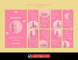 قالب آماده لایه باز بنر استوری اینستاگرام در 9 طرح مختلف با تصاویر با کیفیت با موضوع افتتاح شیرینی فروشی و کیک و کوکی و شیرینی ماکارون