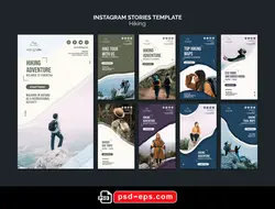 قالب آماده لایه باز بنر استوری اینستاگرام در 9 طرح مختلف با تصاویر با کیفیت با موضوع پیاده روی و کوهنوردی