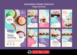 قالب آماده لایه باز بنر استوری اینستاگرام در 9 طرح مختلف با تصاویر با کیفیت با موضوع کارت دعوت مهمانی تولد یا کارت تبریک تولد و کاپ کیک های رنگی
