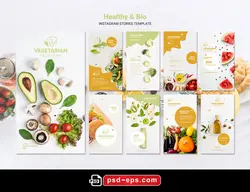 طرح آماده لایه باز بنر استوری اینستاگرام در 9 طرح مختلف با تصاویر با کیفیت با موضوع سبزی خواری و انواع میوه و سبزیجات
